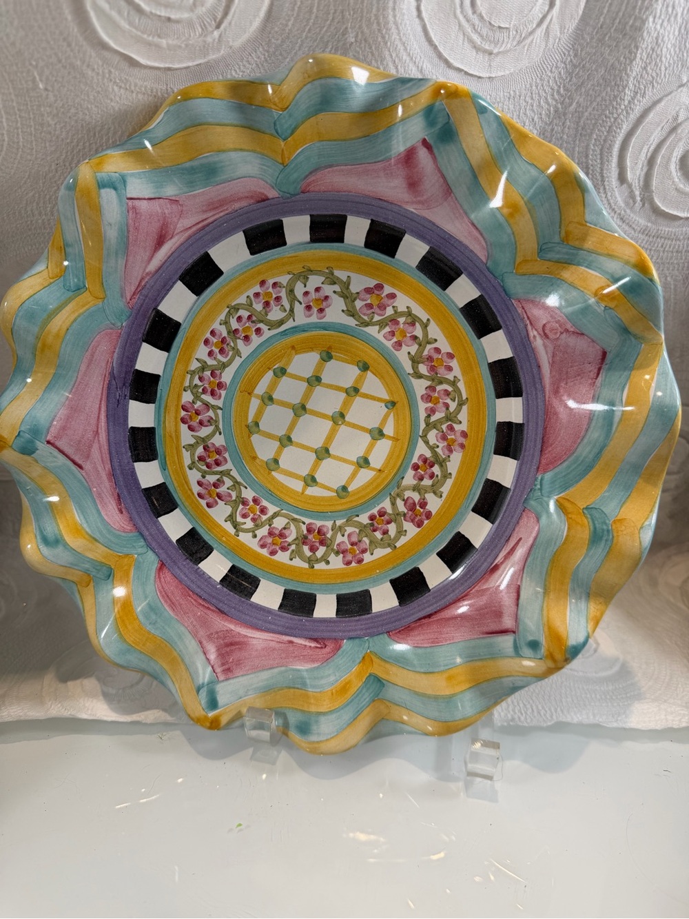 MacKenzie-Childs Hitchcock Field Hand-Painted Dinner Plate 11” scalloped